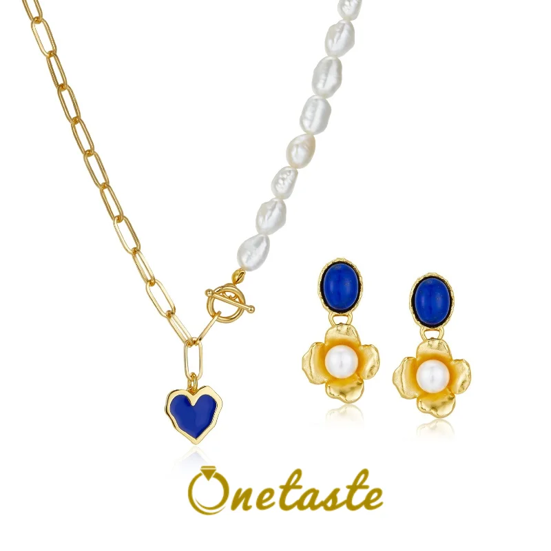 S925 Silver Natural Pearl Lapis Lazuli Jewelry Sets For Women Heart Shaped Blue Copal Pendant Necklace Flower Earrings Gift