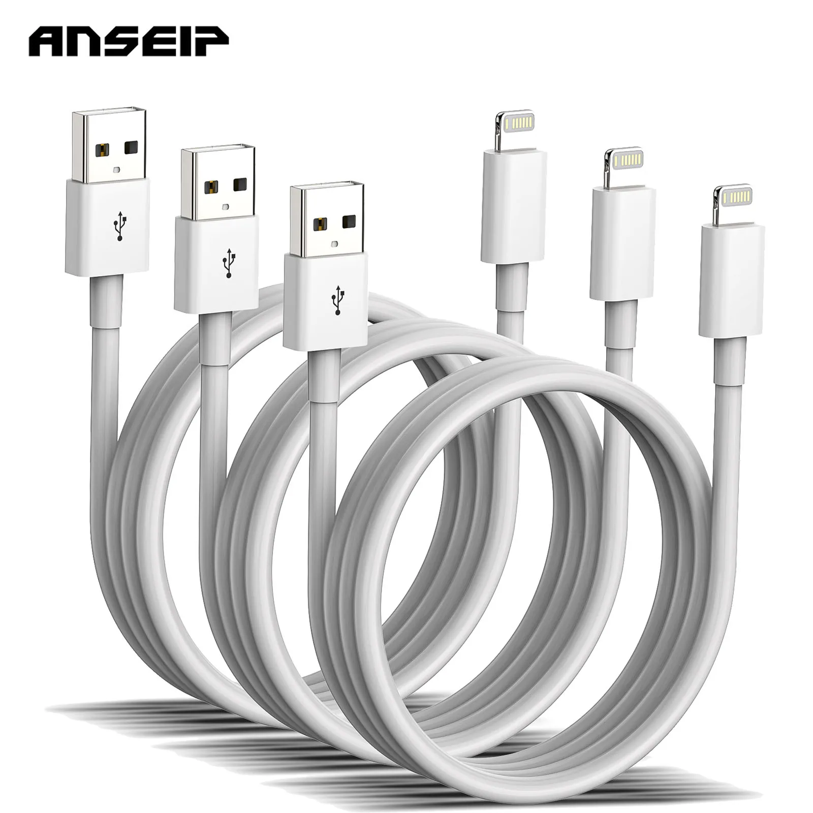 ANSEIP 3Pack USB A to Lightning Cable 2.4A Fast Charging MFi Certified Charger Line For iPhone 14 13 12 11 Charge Data Wire Cord