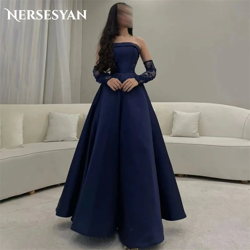 

Nersesyan Navy Blue Sexy Formal Evening Dresses Strapless Lace Long Sleeves Prom Gowns A Line Draped Elegant Party Dress 2023