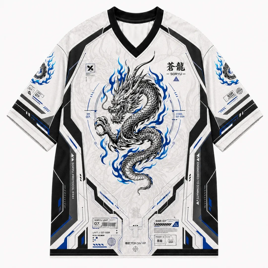 Blue Flame Dragon Full Screen Printed Japanese Cyber Oriental Mythical Dragon Technology Graphic Breathable Mesh Sports T-shirt