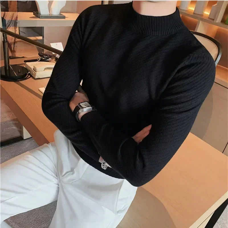 Pulls à col roulé à manches longues monochromes pour hommes, coupe couvertes, pulls décontractés, zones côtelées, moi S-3XL, automne, hiver, 2023