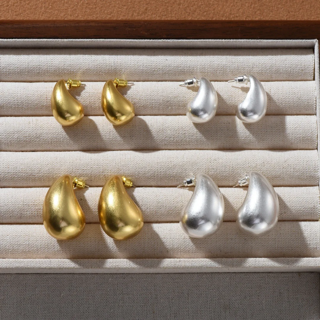 Vintage Gold Plated Chunky Dome Drop Earrings for Women Matte Metal Hollow Thick Teardrop Earrings Jewelry Gift