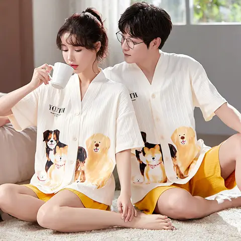 일본 기모노 만화 커플 잠옷, 면 잠옷, 짧은 잠옷 세트, 젊은 소녀 소년 홈 의류, 여름 라운지웨어