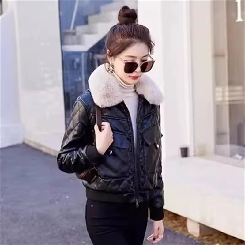 Fur Collar Thick Leather Jacket With Velvet Leather Jackets Women\'s Short Winter New Fashionable Motorcycle Cotton Fur Outwear