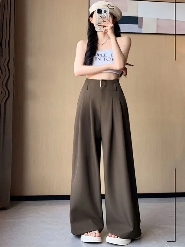 High Waist Suit Wide Leg Women\'s Full Pants Buttons Spring Summer Female Elegant Minimalism Straight Loose Trousers 2024 New