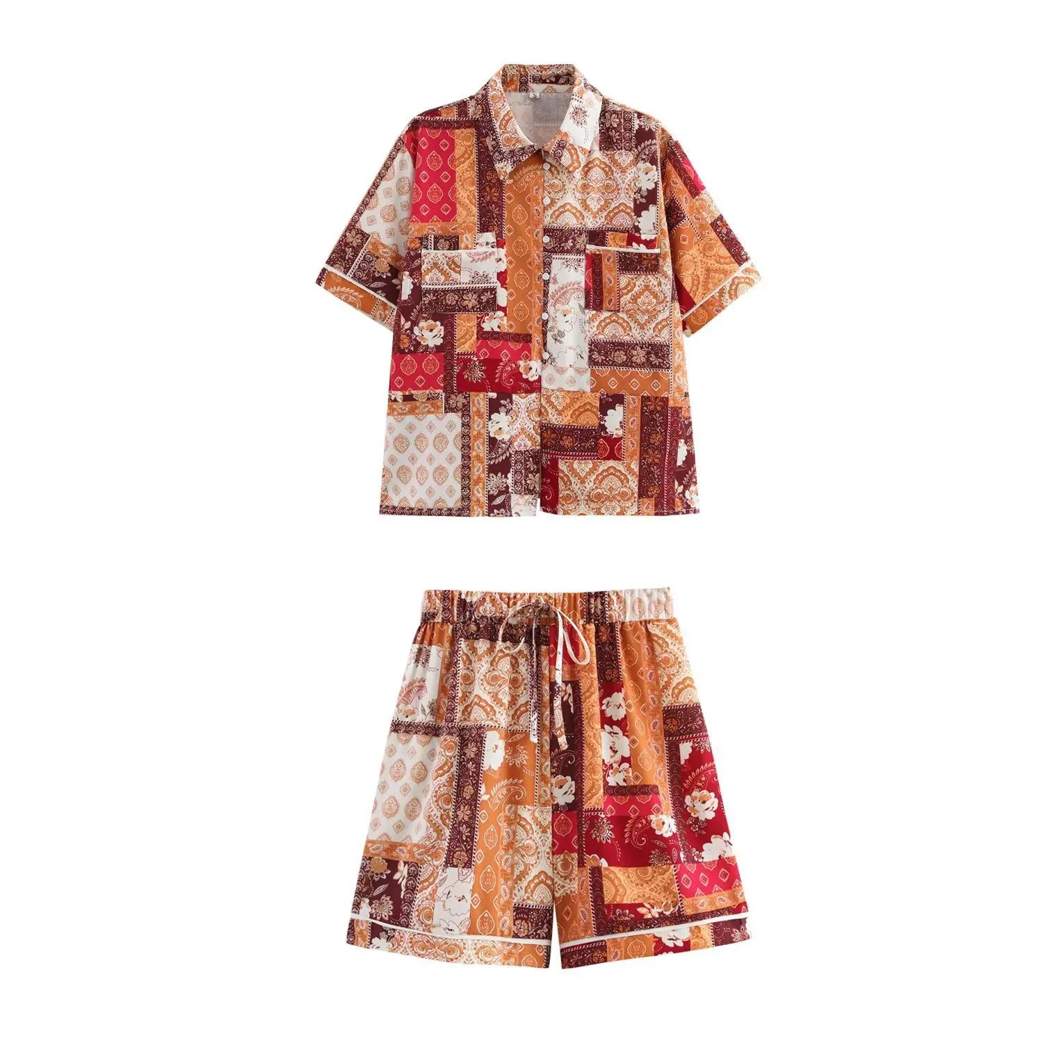 

Комплект шорт из двух предметов, женская рубашка в праздничном стиле с богемным ретро-принтом + брюки, комплект шорт из 2 предметов, повседневная пляжная одежда