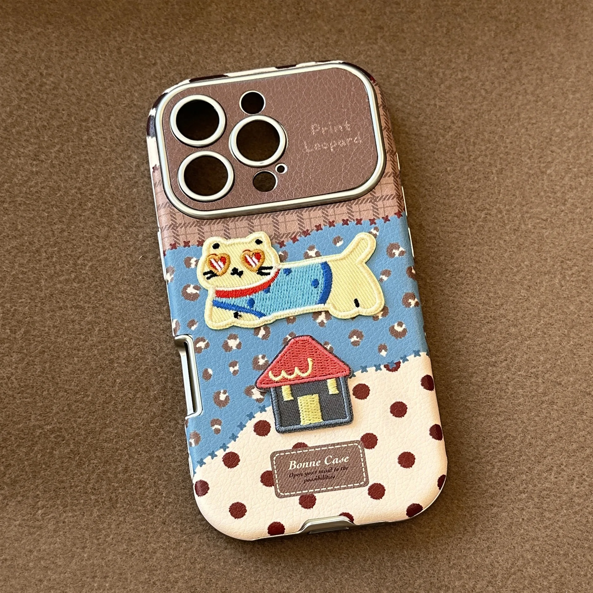 Korean Splicing Leopard Print Cartoon Cat House Faux Leather Phone Case For iPhone 17 16 15 14 13 12 11 Pro Max Shockproof Cover view 5