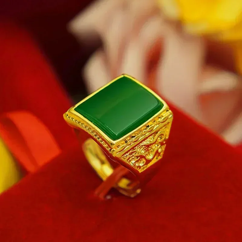 Pure gold ring same style mens AU999 real gold ring 24K agate Pixiu God of Wealth adjustable gold inlaid jade jewelry