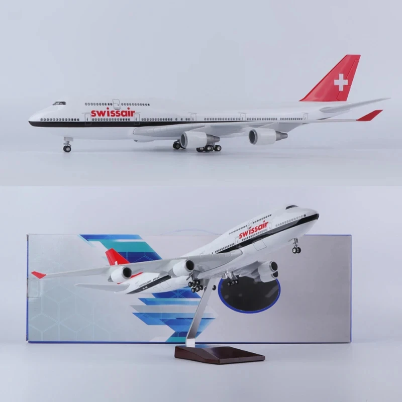 1/150 Scale 47CM Airplane 747 B747 Swissair Airline Model LED Light & Wheel Landing Gear Diecast Resin Plane Model