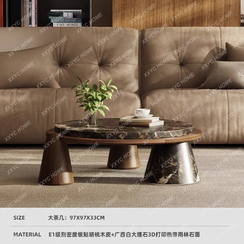 Round coffee table marble living room household small apartment high-end retro tripod walnut leather table