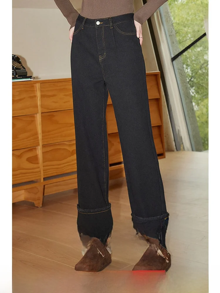 

KUHNMARVIN Women's Fleece-Lined Wide Leg Jeans Thick Straight Casual Pants Black Washed Denim Spring 2026 New Style