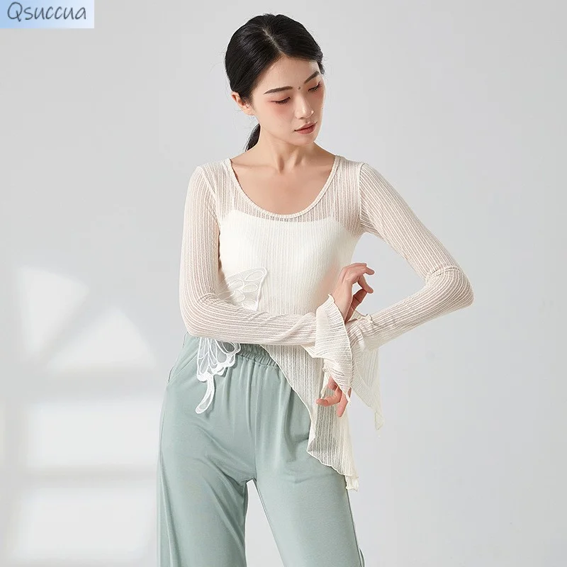 Classical Dance Butterfly Shadow White Top New Lace Butterfly Slim Flared Sleeve Practice Clothes