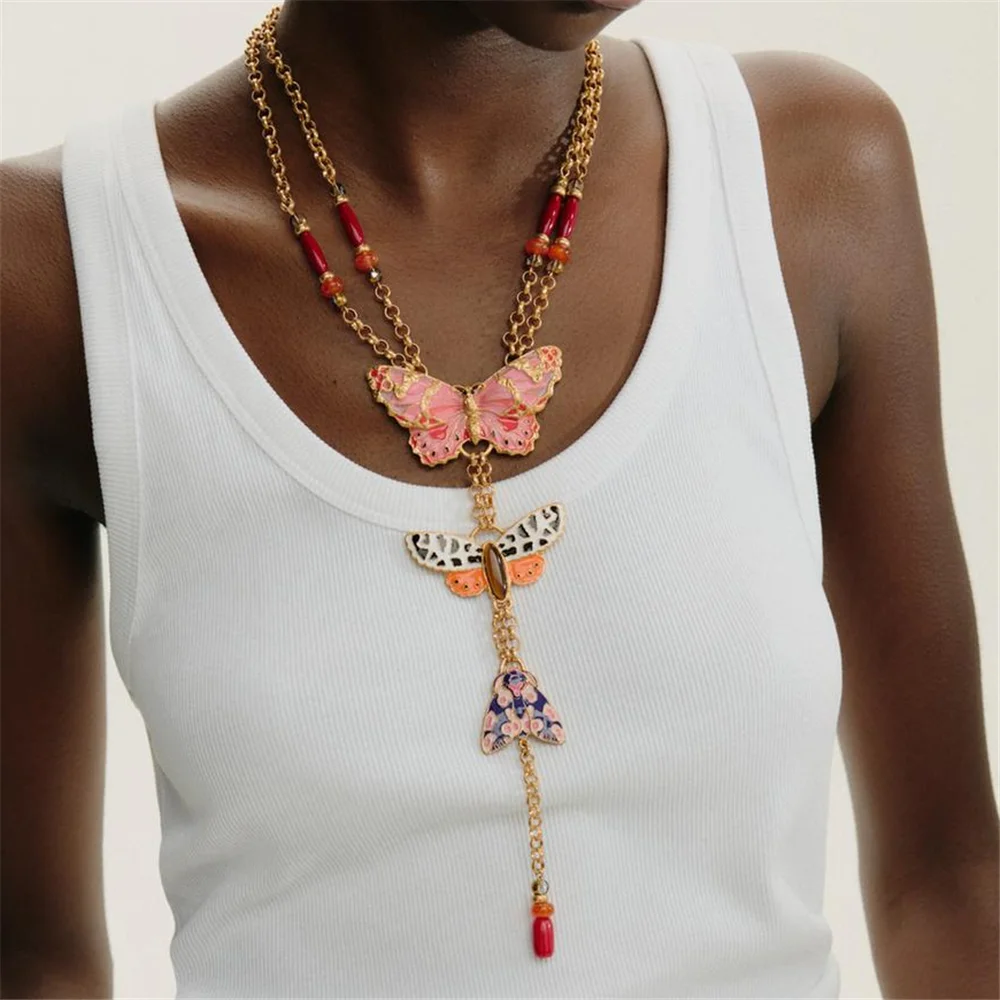 Coloured Bead Enamel Drip Oil Butterfly Pendants Necklaces Women Vintage Punk Golden Double Strand Metal Links Necklace Jewelry