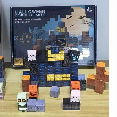 Bloc de construction carré magnétique pour Halloween, jouet à assembler, puzzle magnétique pour garçon, jouets éducatifs pour enfants