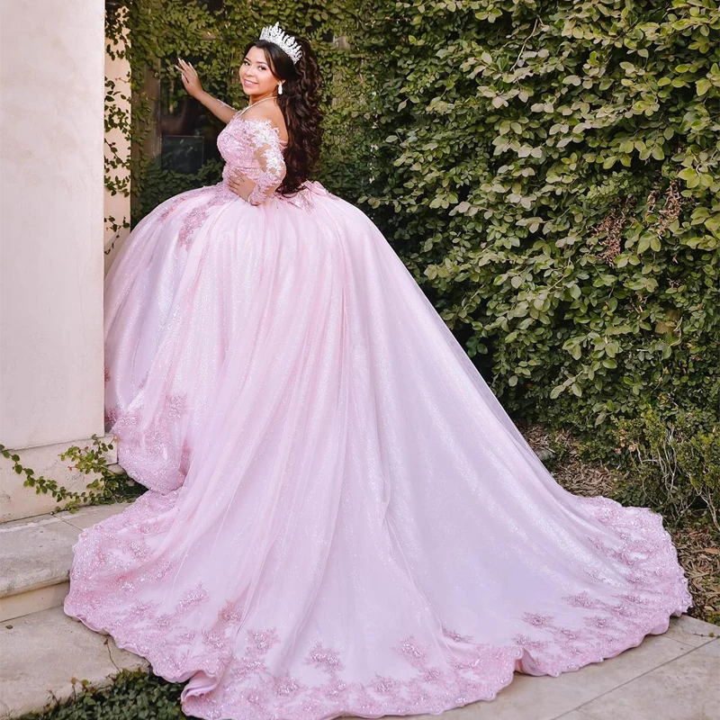 Vestido de baile de princesa brillante rosa, quinceañera, dulce, hombros descubiertos, tren de barrido, apliques, cuentas, tul, 15 niñas