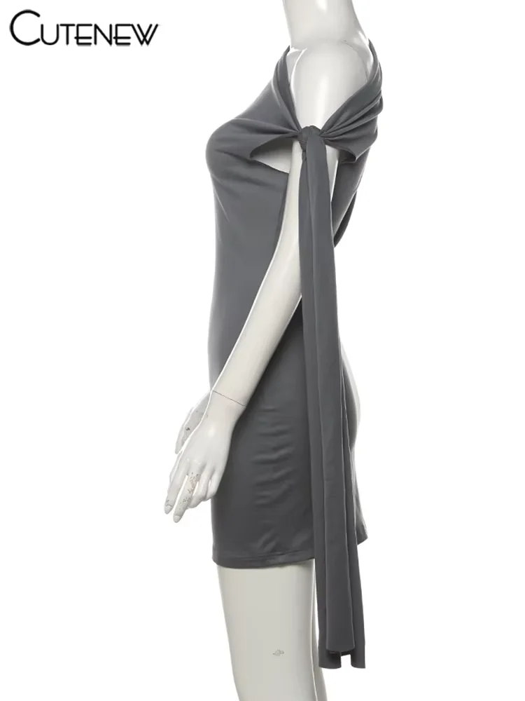 Cutenew Schräg Sollte Kleid Frauen Klassische Feste Bänder Asymmetrische Ärmellose Mantel Vestidos Grundlegende Concise Street Party Robe