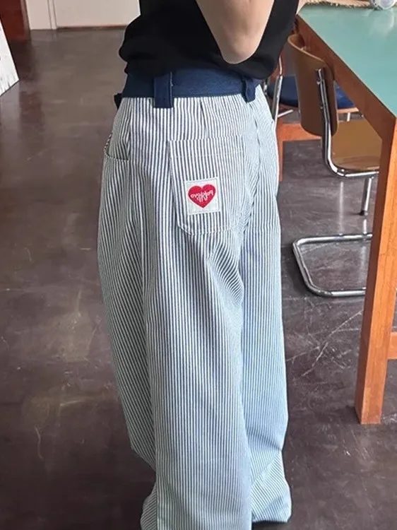 

American Retro Linen Vertical Striped Jeans Men Women Summer Loose Lazy Style Wide Leg Pants Embroidered Straight Long Trousers