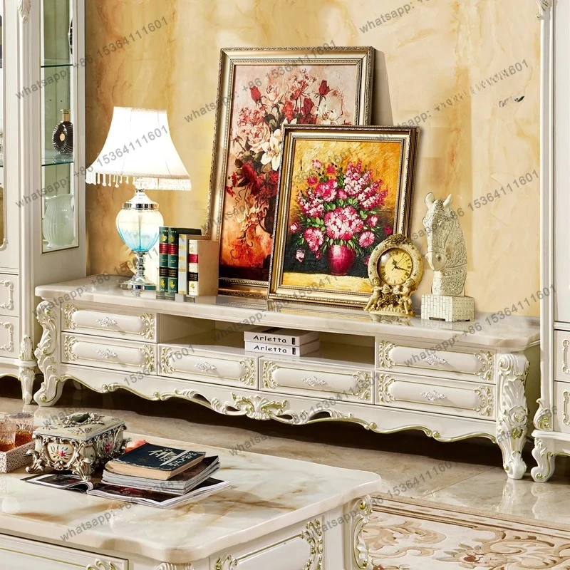 European TV cabinet natural marble surface American pearl white all solid wood floor cabinet designer