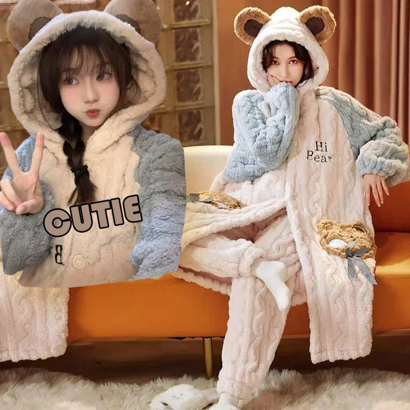 Lovely Bear Pocket Winter Pajamas Robe Pants For Women Warm Fluffy Comfy Homewear Sleepwear Bath Robe Lounge Christmas Pajama