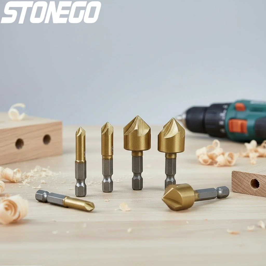 

6 Pieces Titanium Coated Drill Bits Set Hex Shank Chamfer Bit for Woodworking Countersunk Hole Making Power Tools Accessories