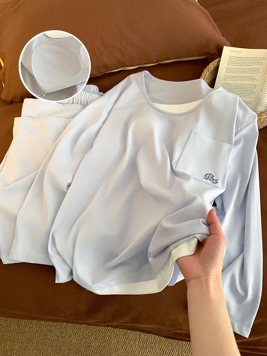 

Элегантный вышитый хлопковый комплект для сна: женская домашняя одежда для весны с нагрудными вкладышами, дышащая, охлаждающая, с длинными рукавами, пижама