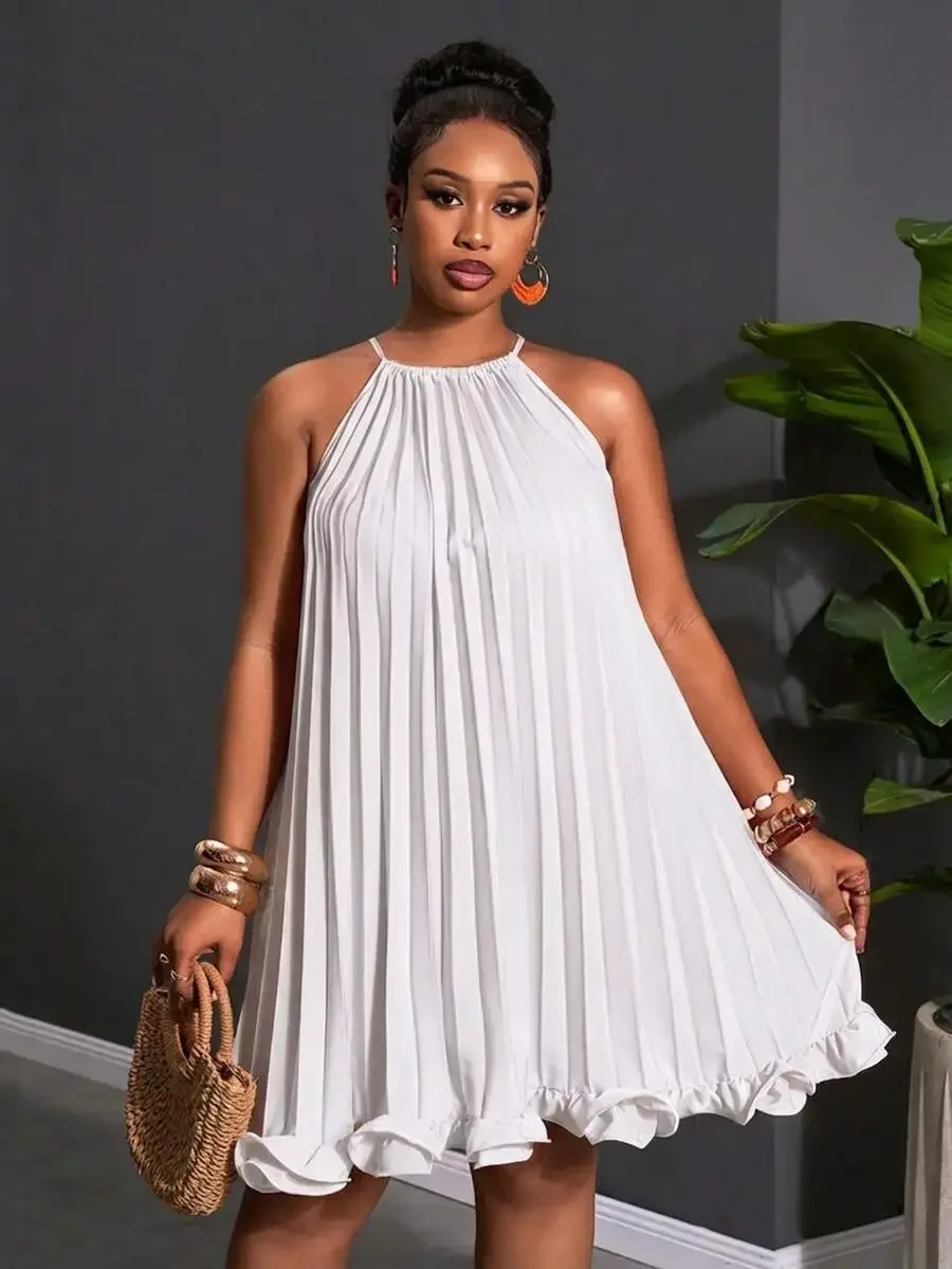 

White Sleeveless Halter Pleated A-Line Ruffled Hem Mini Dress For Women Summer Casual Boho Party