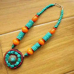 Nk236 Ethnic Tibetan Turquoises Colorful Bone Beads 65mm Round Pendant Necklace For Women