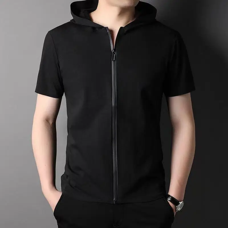 2024 Summer New Trendy Simple Casual Loose Breathable Fashion Solid Color Zipper Short Sleeve Hooded Cardigan Coat for Men