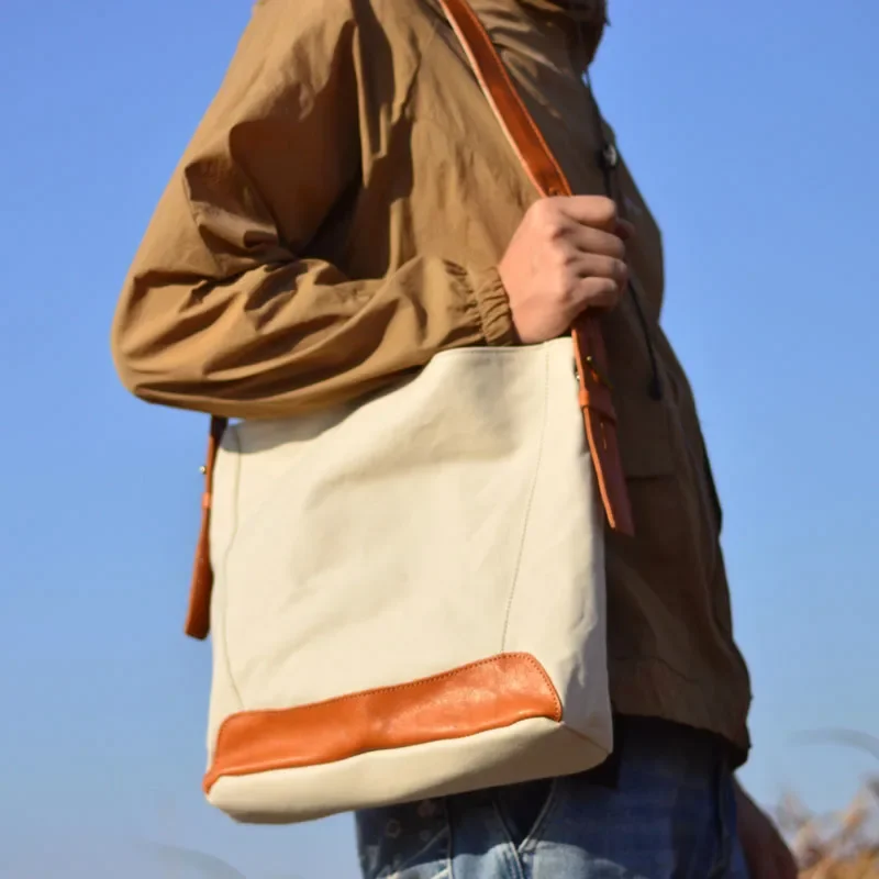 حقيبة يد قماشية كلاسيكية من جلد البقر ذات سعة كبيرة وحقيبة كتف كاجوال بسيطة للرجال #6