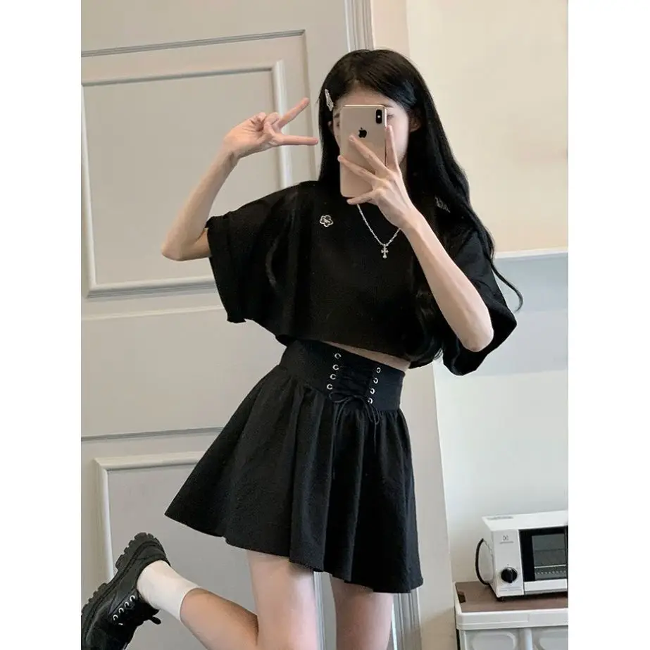 

Summer Hot Girl Sweet Cool Style Short Sleeve T-Shirt Top Half Skirt Two Piece Set Women's Fashion Ensemble round Neck Sleeve...