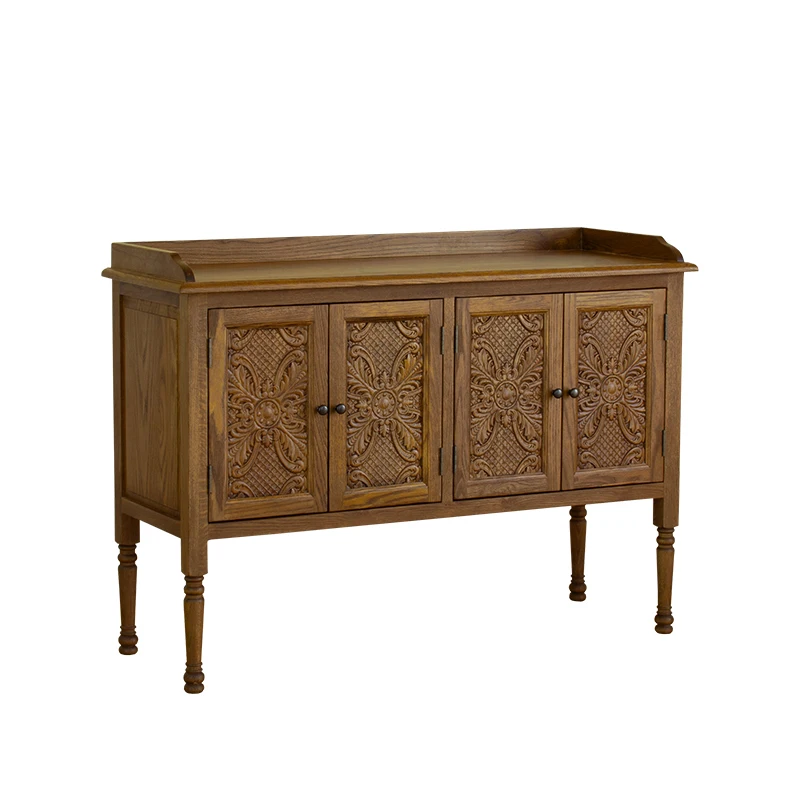 

American rural solid wood dining side cabinet retro pastoral carved oak porch antique side cabinet tea cabinet locker