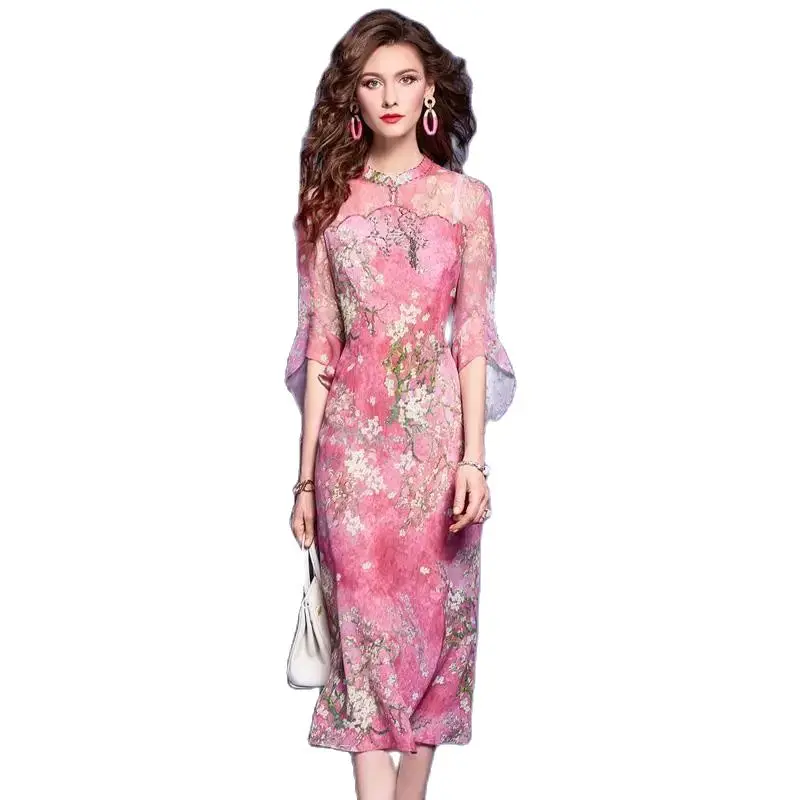 Birdtree 100%Real Silk Elegant Dresses For Women, New Chinese Style, Flower Printed Vintage Gentle Dress, 2024 Summer D42134QC