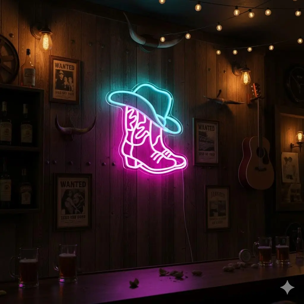 cowboy-boot-and-hat-led-neon-signwestern-country-wall-decor-for-bar-man-cave-garagepink-white-aesthetic-rodeo-neon-light