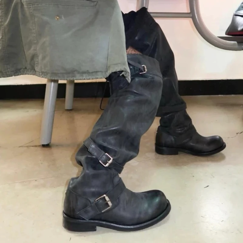 New Round Toe Leather Over Knee Long Boots Women Belt Buckle Korean Style Mid Heel Fashion Daily Work Ladies Boots