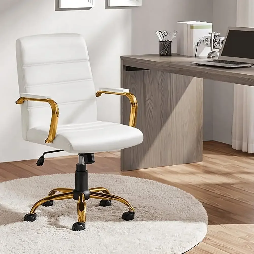 White PU Leather Executive Office Chair Metal Frame Arms Swivel Rocking Reclining 130kg Capacity Fire Retardant Foam Easy