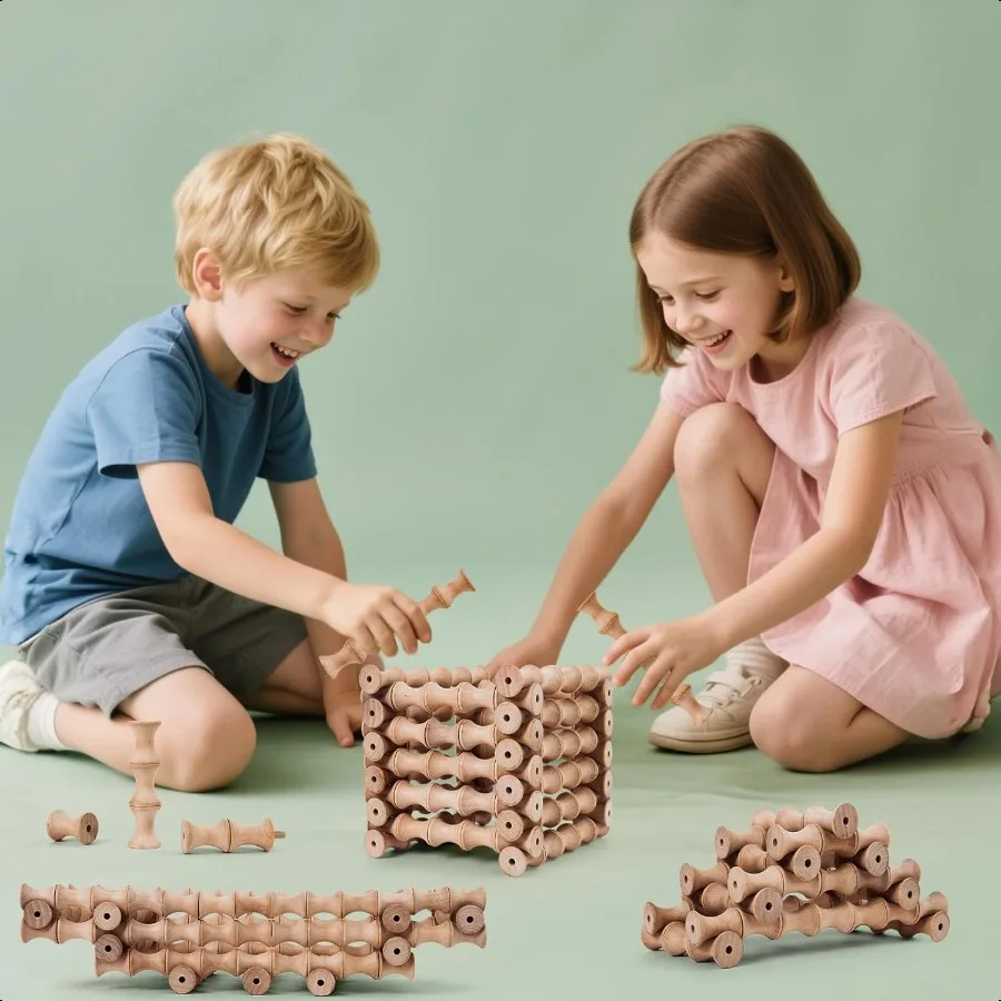 Building Toys Wooden Building Blocks for Montori Toys 120Pcs Waving Stacking Blocks Durable Safe Wood STEM Toy with Canvas Bag