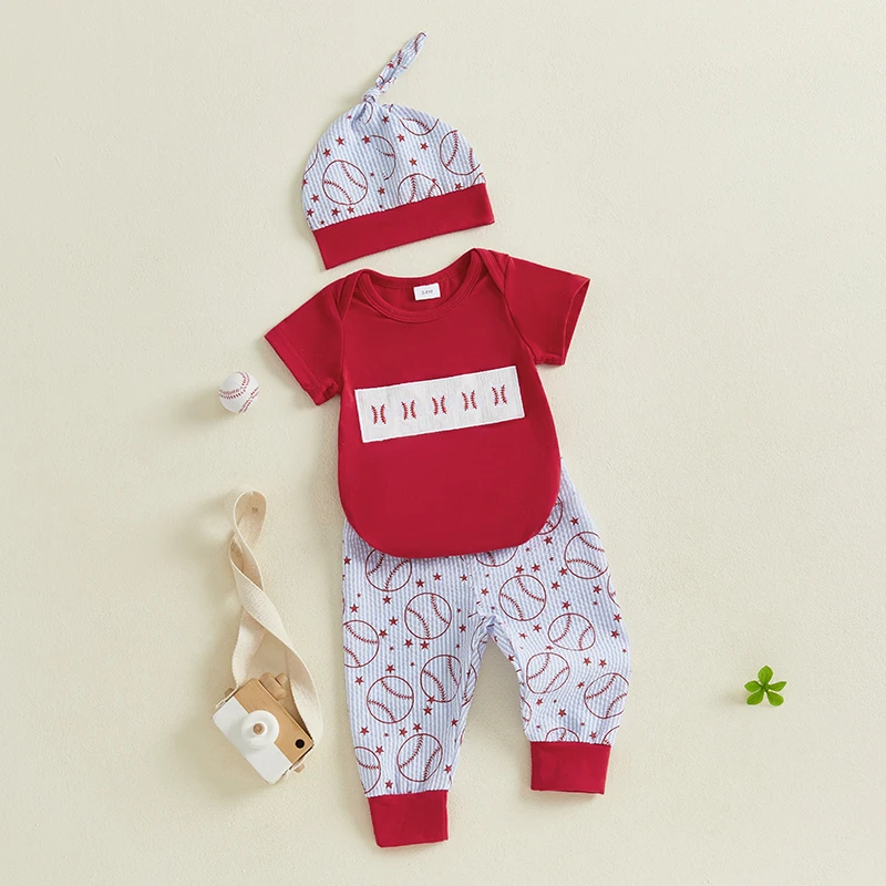 เด็กทารก 3 ชิ้นชุดกางเกงแขนสั้น O คอเบสบอลเย็บปักถักร้อย Romper กางเกงหมวก