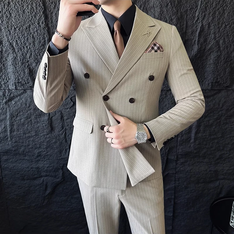 ( Blazer+Vest+Pants ) Groom Wedding Male Suit Luxury Brand Fashion Striped Men\'s Casual Business Office Double Breasted Suit