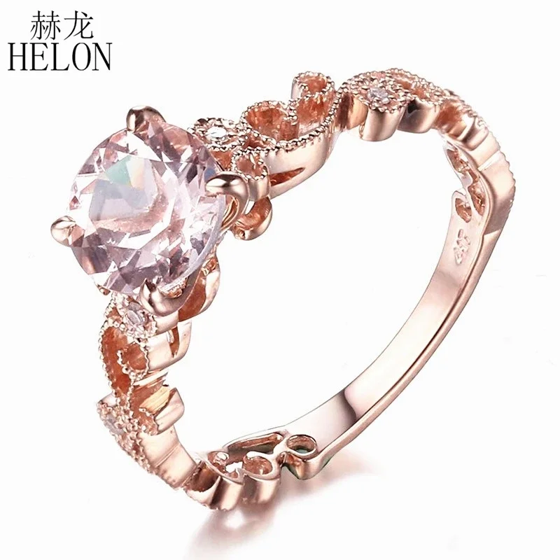 

HELON Solid 14K Rose Gold Round 7mm Natural Morganite Diamonds Engagement Ring Women Wedding Vintage Antique Fine Jewelry