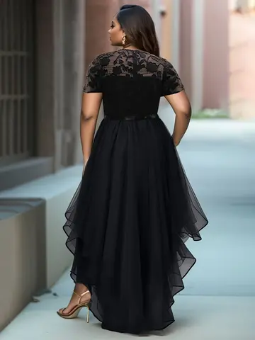 Dam Plus Size Aftonklänning Elegant Kortärmad Rund Hals Hög Låg Fåll Volang Tyll Cocktailparty Sjöjungfru Maxiklänningar 8 best sales middagsklänning för plus size - №7