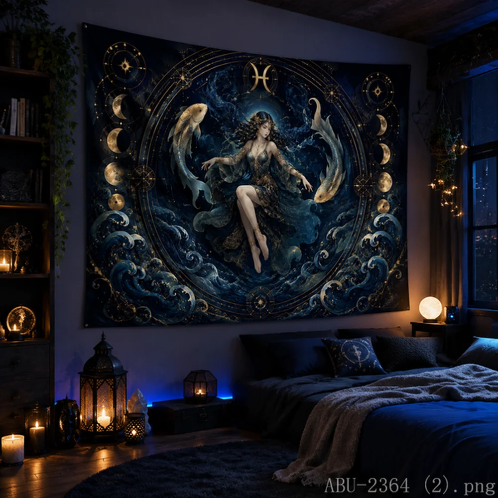 VIKAMA Crescent Moon Cat Tapestry Enchanted Night Stars Wall Hanging for Living Room Art