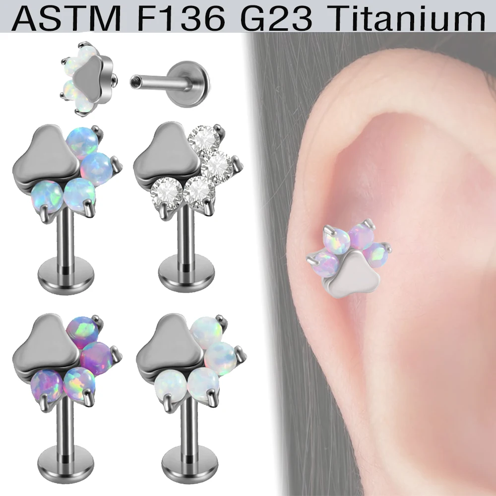1PC Dog Paw Print Inlaid Opal Labret Implant Grade Titanium Internal Threaded Cartilage Stud Conch Helix Flat Tragus Earring
