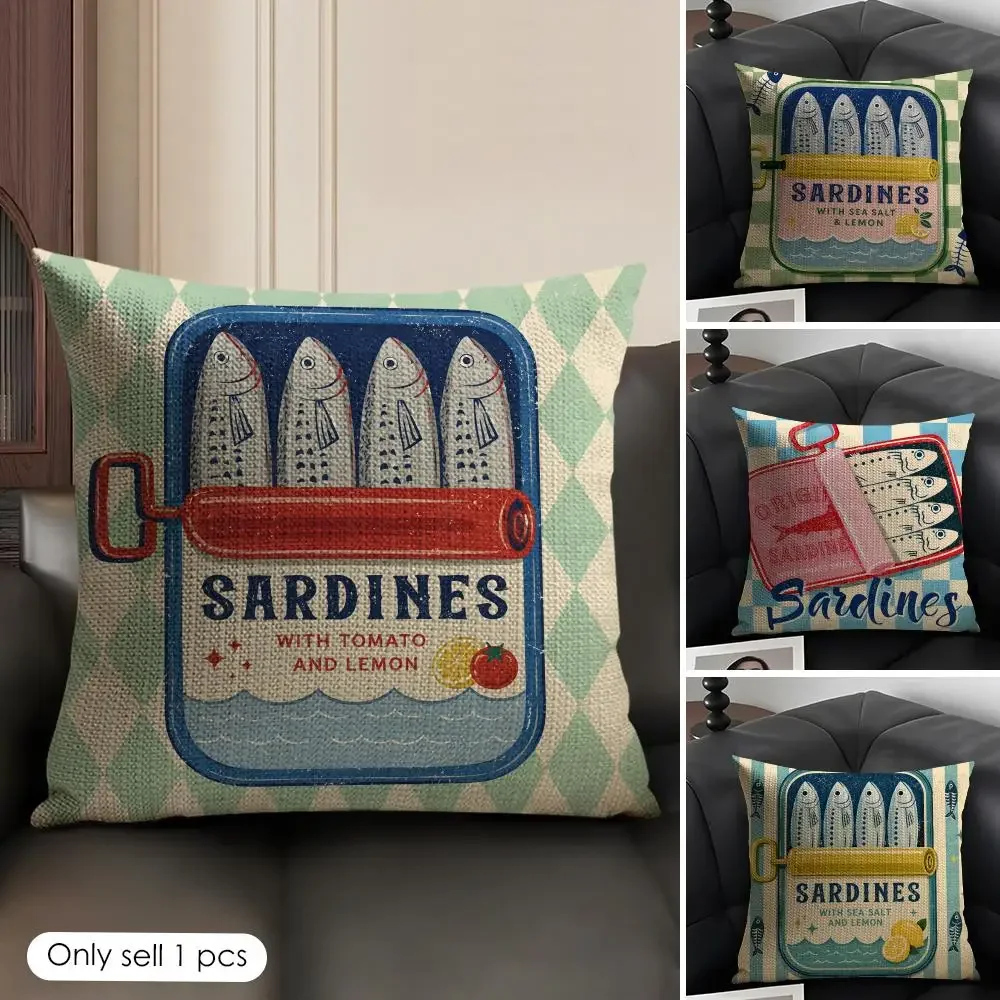 Nautical Sardines and Lemon Kitchen Themed Throw Pillow Cushion for Sofa Couch Decor Coastal Kitchen Art