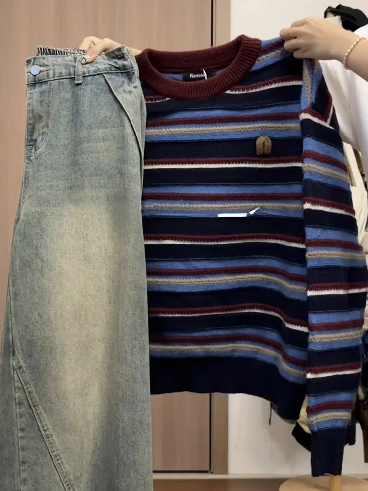 

Color Blo Striped Sweater Women's Autumn Winter Casual round Ne Knitted Loose Fit Lazy Sle Embroidered Letter Label