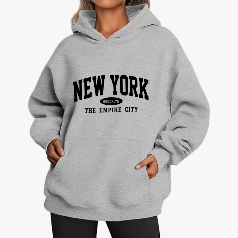 Fotografia 3: Moletom com Capuz Oversized com Estampa de Letras NEW YORK Brooklyn para Mulheres, Estilo Casual Streetwear, Pullover Masculino