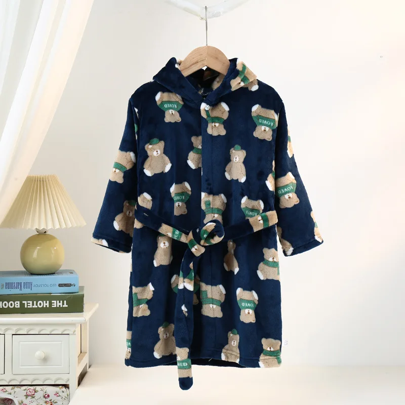 Autumn Winter Kids Cute Cartoon Hooded Soft Flannel Bathrobe Baby Bath Robes Boys Girls Casual Warm Pajamas Loose Towel Robe