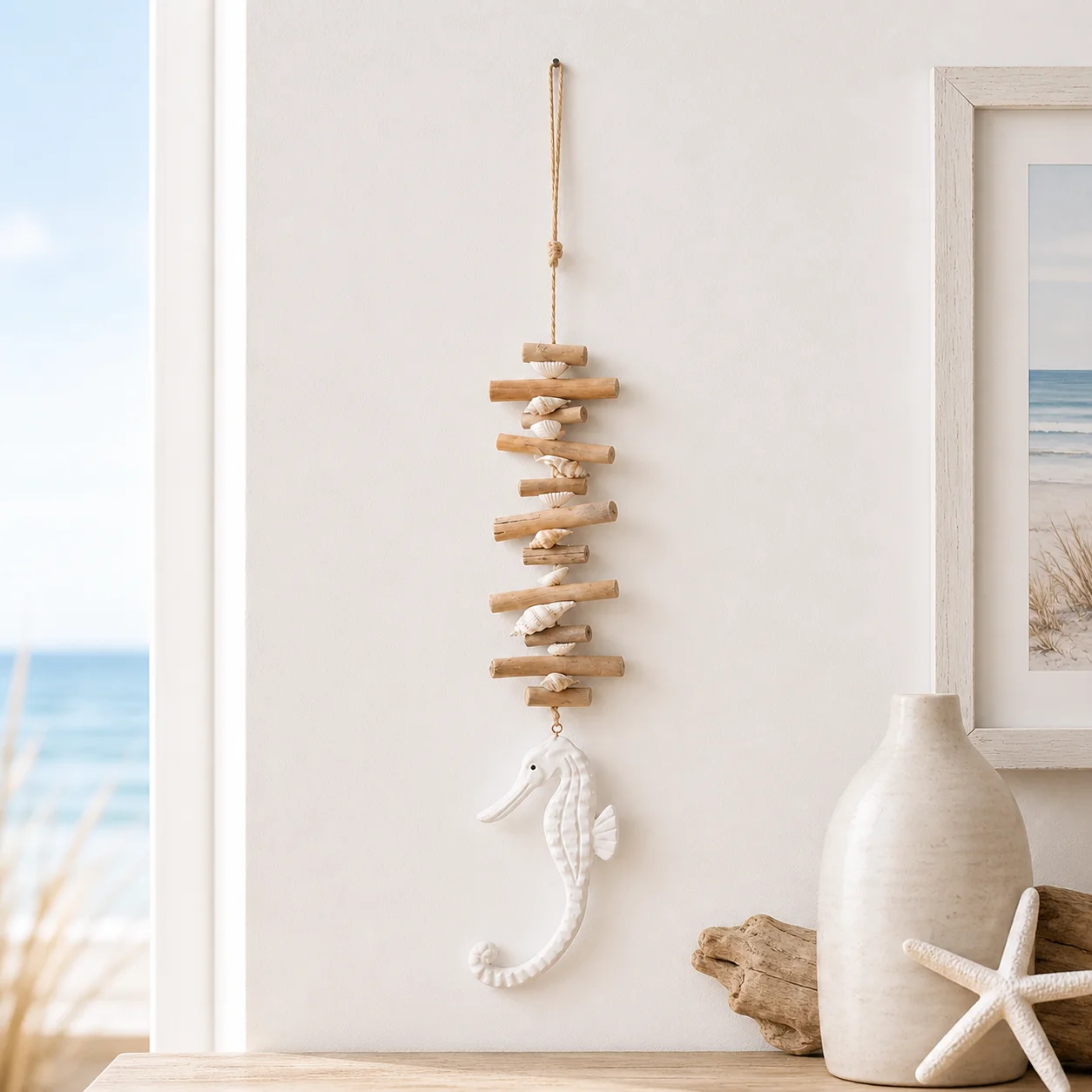 Coastal Seahorse Wall Hanging Decor, Driftwood Shell Pendant, Beach Home Nautical Ornament