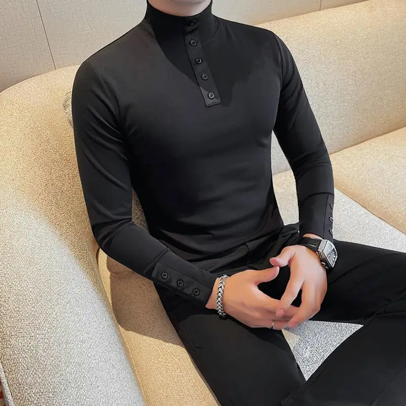 Korean Fashion Autumn Winter Long Sleeved T-shirt for Men Half High Neck Casual Business Pullover T-shirt Versatile Base Shirt