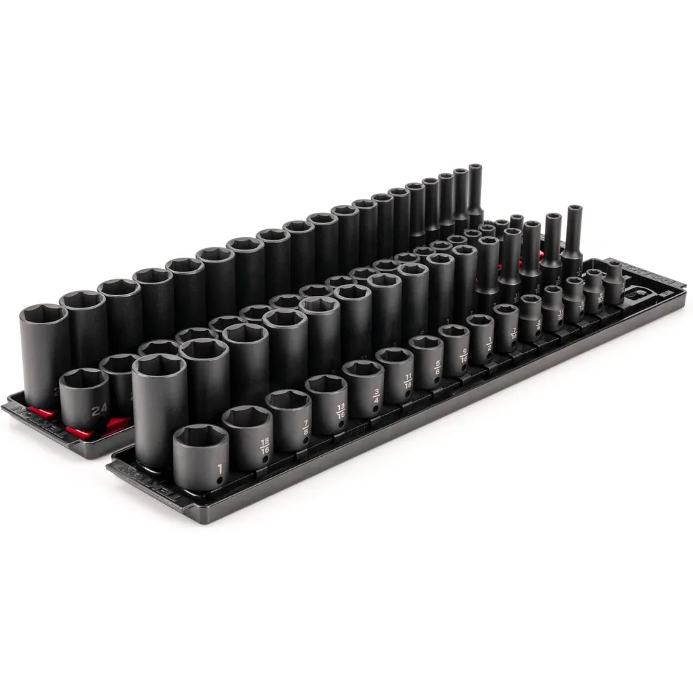 

3/8 Inch Drive 6-Point Impact Socket Set with Rails, 68-Piece (1/4-1 in., 6-24 mm) | SID91218