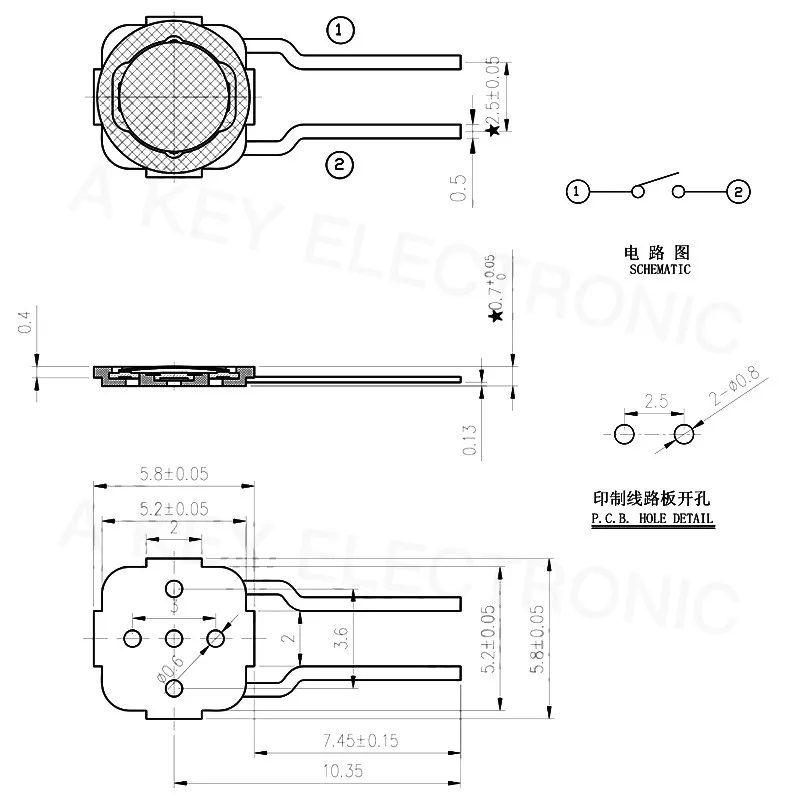 TS-C007 4*4*0.8 Side 2 Pin Light Touch Switch Extended Curved Foot Film Electronic Component Touch Button